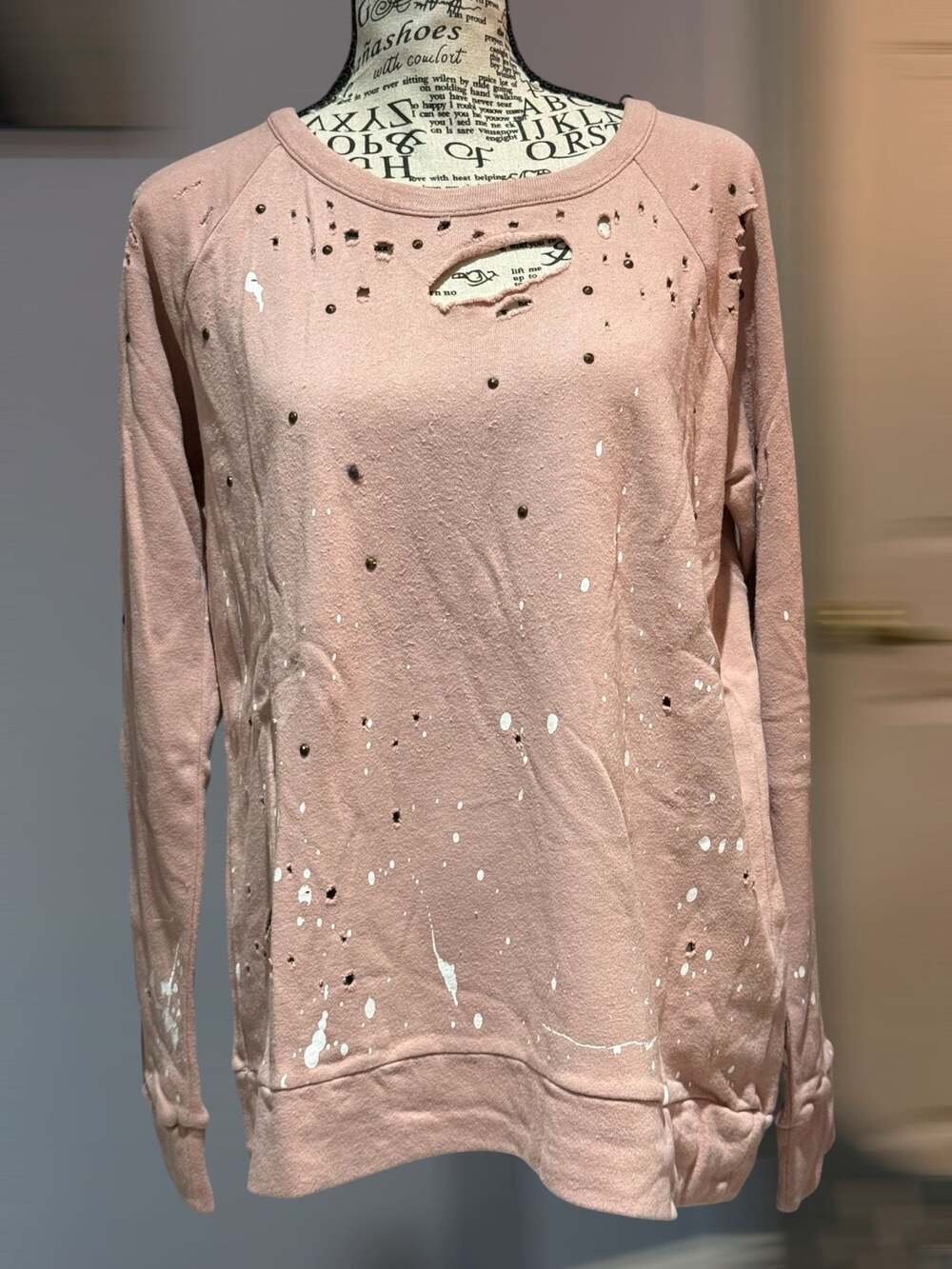 Chaser Distressed Paint Splatter Sweatshirt Large Blush Pink Pullover NWT